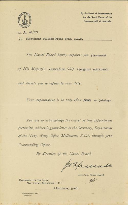 Certificate of appointment issued to William Frank Cook