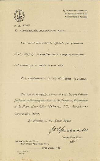 Certificate of appointment issued to William Frank Cook