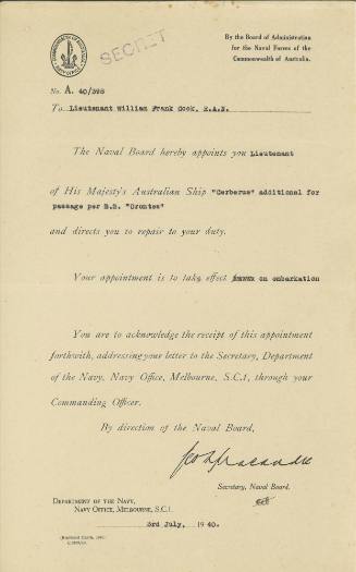 Certificate of appointment issued to William Frank Cook