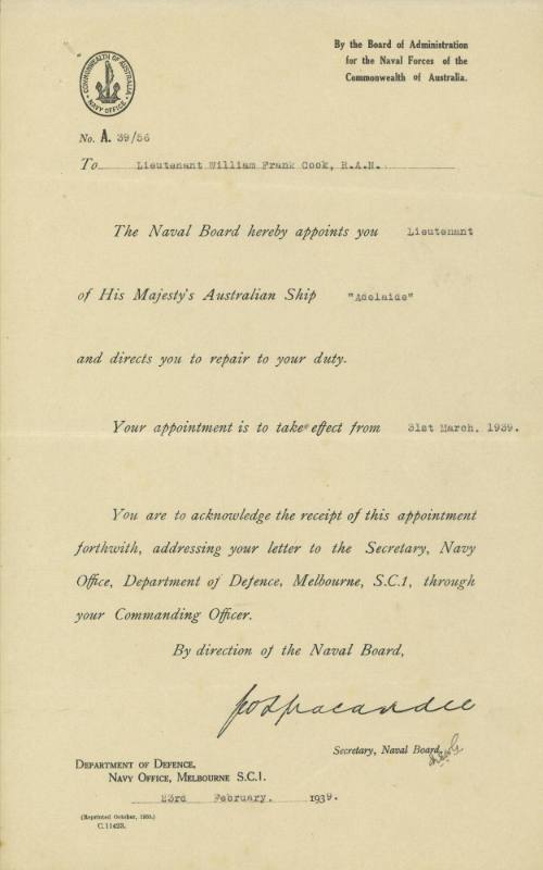 Certificate of appointment issued to William Frank Cook