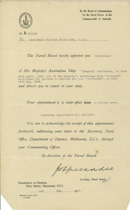 Certificate of appointment issued to William Frank Cook