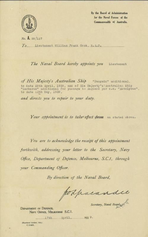 Certificate of appointment issued to William Frank Cook