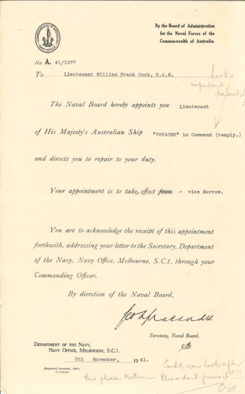 Certificate of appointment issued to William Frank Cook