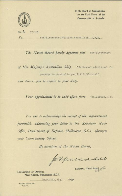 Certificate of appointment issued to William Frank Cook