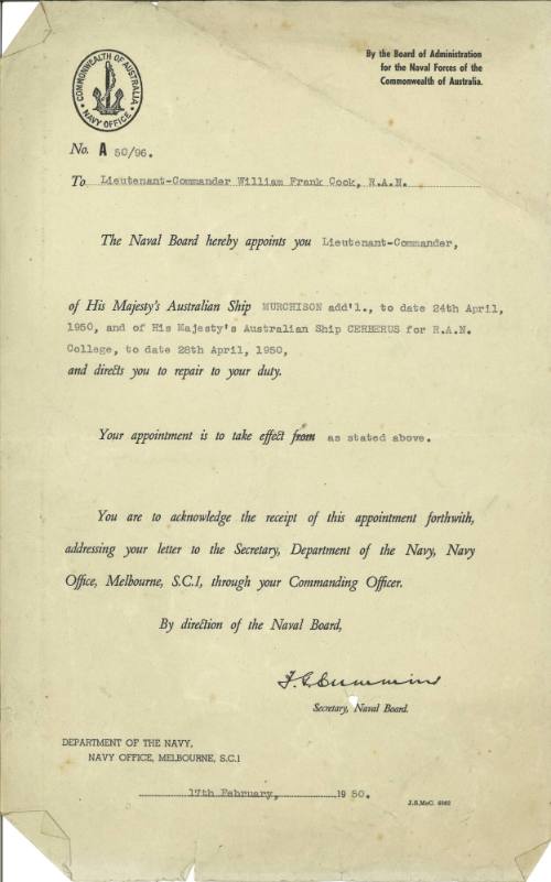 Certificate of appointment issued to William Frank Cook