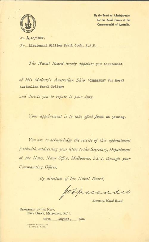 Certificate of appointment issued to William Frank Cook