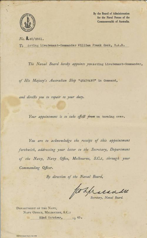 Certificate of appointment issued to William Frank Cook