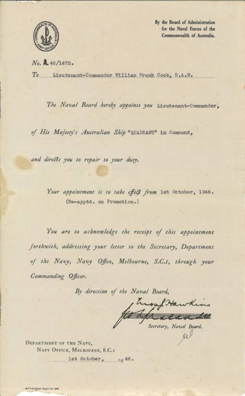 Certificate of appointment issued to William Frank Cook