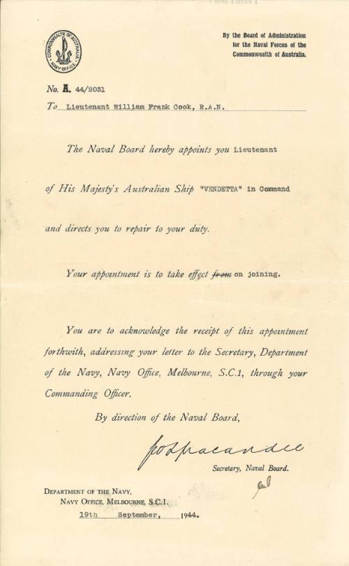 Certificate of appointment issued to William Frank Cook