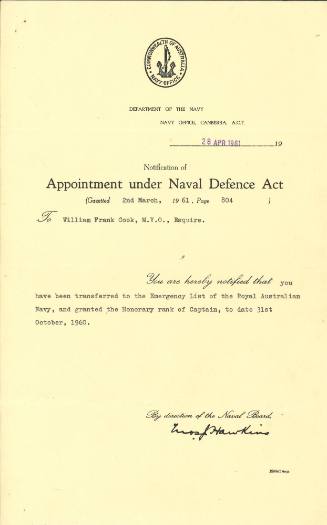 Certificate of appointment issued to William Frank Cook