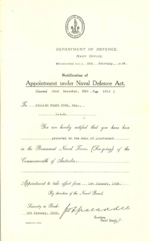 Certificate of appointment issued to William Frank Cook