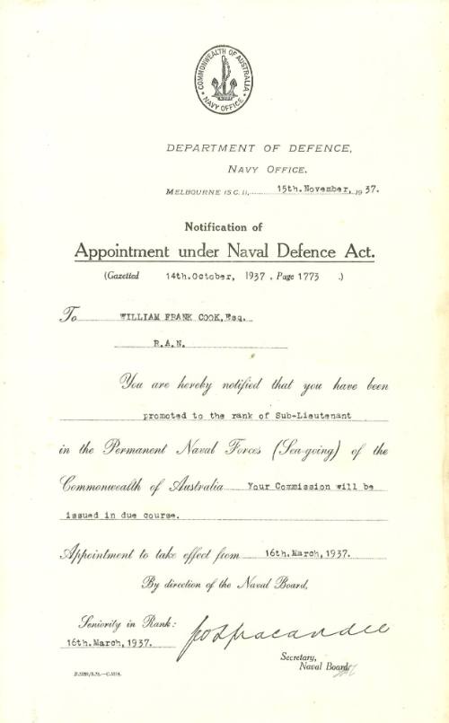 William Frank Cook promoted to the rank of Sub-Lieutenant, commission will be issued in due course, appointment to take effect from 16th March 1937