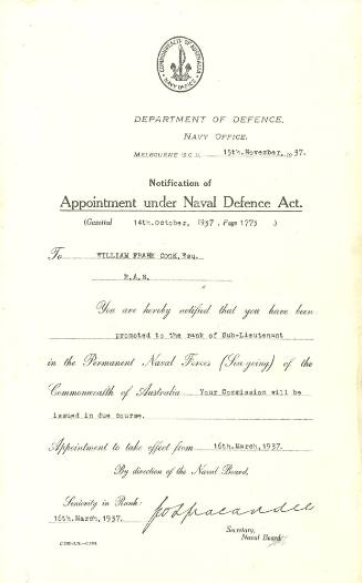 William Frank Cook promoted to the rank of Sub-Lieutenant, commission will be issued in due course, appointment to take effect from 16th March 1937