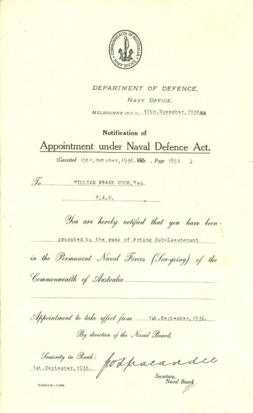 William Frank Cook, RAN, promoted to the rank of Acting Sub-Lieutenant, appointment to take effect from 1 September 1936