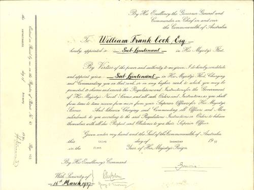 To William Frank Cook, Esq. hereby appointed a Sub-Lieutenant in His Majesty's Fleet, with seniority of 16 March 1937