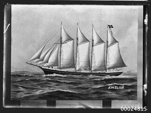 Ship J. W. CLISE four masted schooner underway at sea.