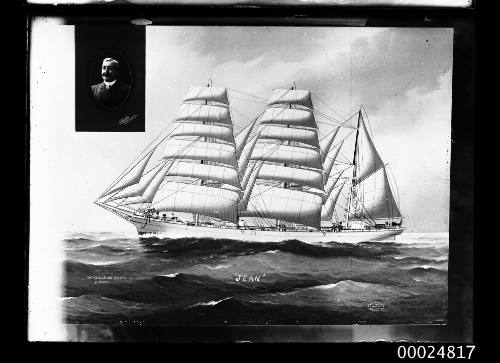 Ship JEAN American three masted barque at sea.