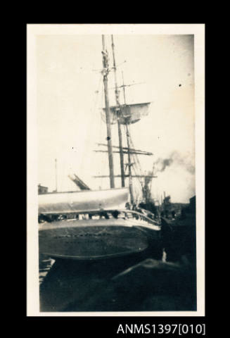 Photograph from Captain William Fowler' photo album depicting a three masted vessel