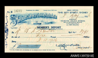 Member's deposit note issued to Captain William Fowler