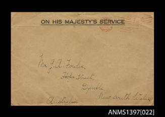 Envelope for note to J.A. Fowler from the Buckingham Palace