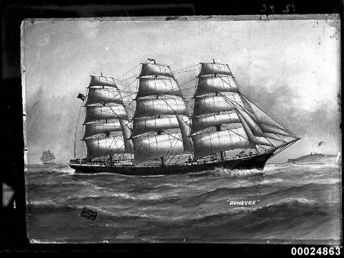 Ship DUNSYRE three mast fully rigged ship at sea.