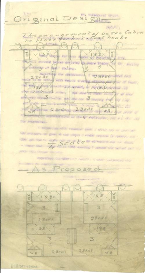 Outer cabin plan for SS KAROOLA showing original design and proposed alterations to provide places for hat and coat hooks