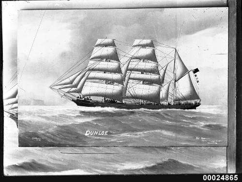 Ship DUNLOE three mast barque at sea.