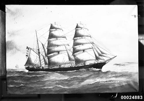 Ship FREDRIKSSTEN, three masted barque at sea.