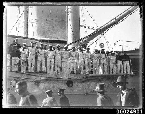 German seamen standing at ease on deck of KOLN