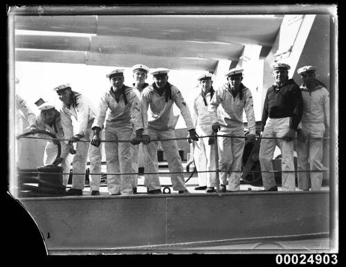 German sailors standing at ease on deck of KOLN