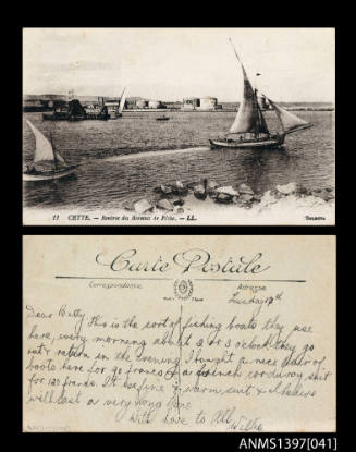 Postcard depicting fishing vessel returning to Cette