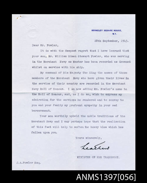 Letter from the Minister of War Transport to J.A. Fowler