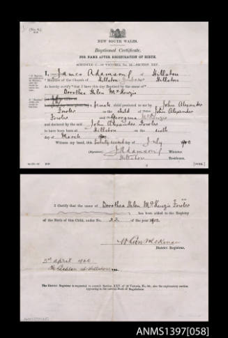 Baptismal certificate issued to Dorothea Helen McKenzie