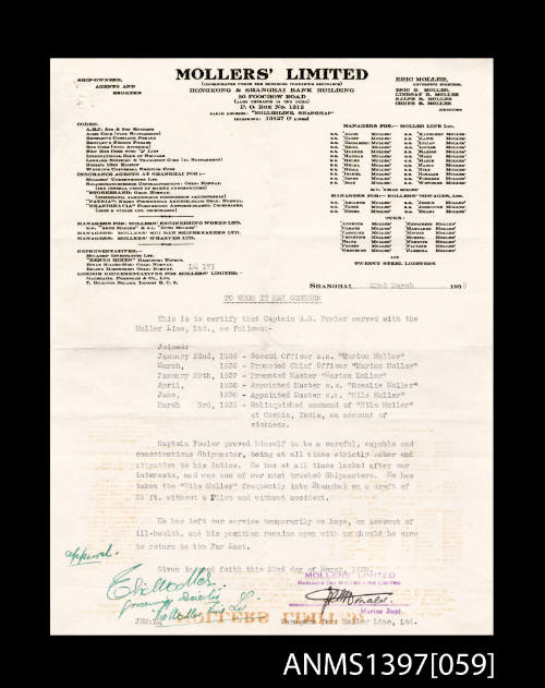 Letter of recommendation issued to Captain William Fowler from Eric Moller