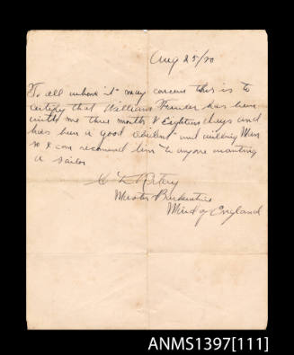 Letter of recomendation issued to Captain William Fowler