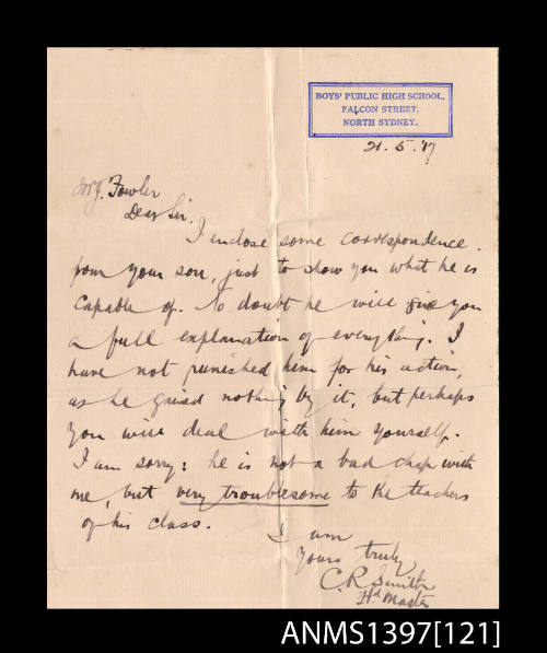 Letter from the Boys Public High School Master to Mr J.A Fowler