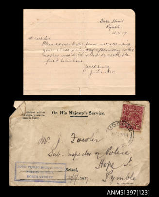 Letter from JA Fowler to the School Master with envelope