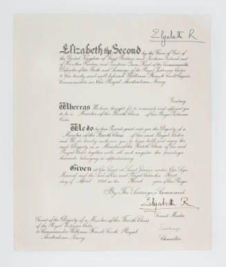 Royal Victorian Order Charter awarded to Captain William Cook, RAN