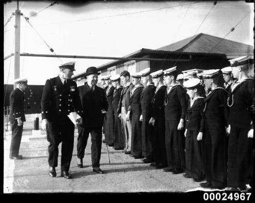 Sir Robert Archdale Parkhill inspects Navy Sea League Cadets at Snapper Island