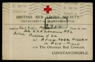 British Red Cross Society Department for Prisoners of War card to Geoffrey Haggard