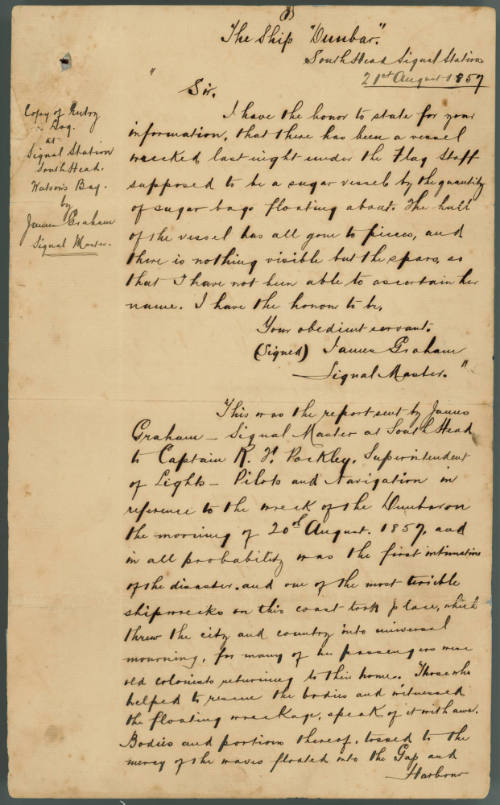 Copied entries from the South Head Signal Master's log book relating to the wreck of the DUNBAR in 1857