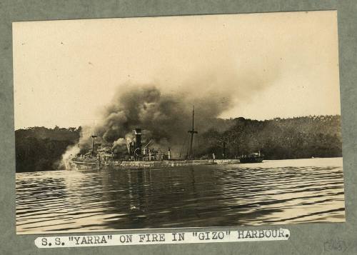 SS YARRA on fire in Gizo harbour, Solomon Islands