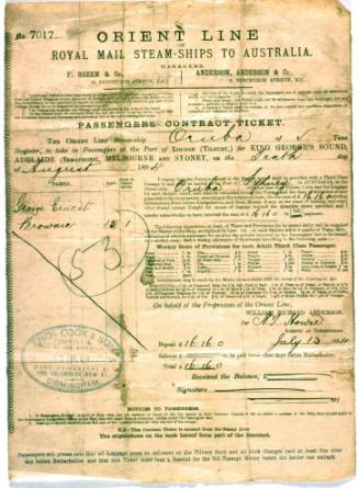 Orient Line contract passengers' ticket issued to George Brownie for third class passage on SS ORUBA from London to Sydney leaving 10 August 1894