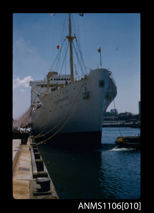 Colour photographic slide of  STRATHNAVER tied up at a wharf