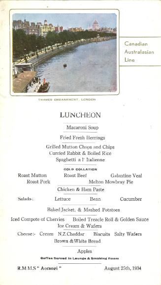 Luncheon menu RMMS AORANGI