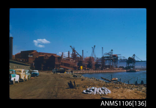 Colour photographic slide of new inner harbour and steel works at Port Kembla