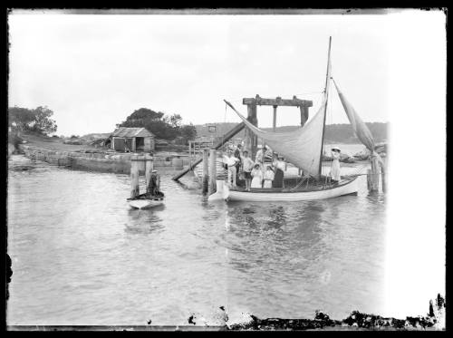 Sloop at stone wharf, Sydney Harbour, inscribed, inscribed 437