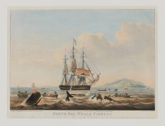 South Sea whale fishery - A representation of the ships AMELIA WILSON and CASTOR off the island of Bouro...