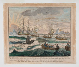 Groote Visschery. The whale goes under the ice they cut the line, and seek where she returns (plate 4)