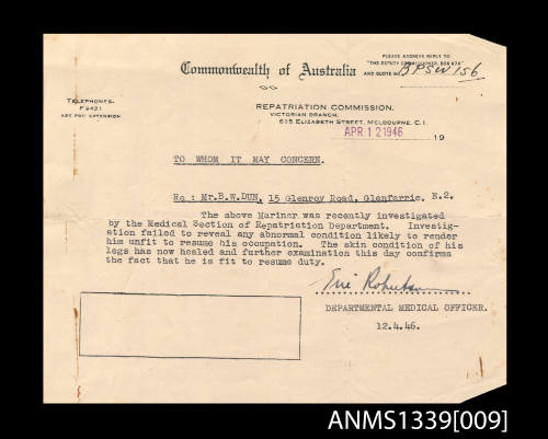 Commonwealth of Australia medical certificate for Mr B W Dun